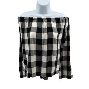 Cloth & Stone Shirt WMNS S Black White Checkered Off the Shoulder Long Sleeves